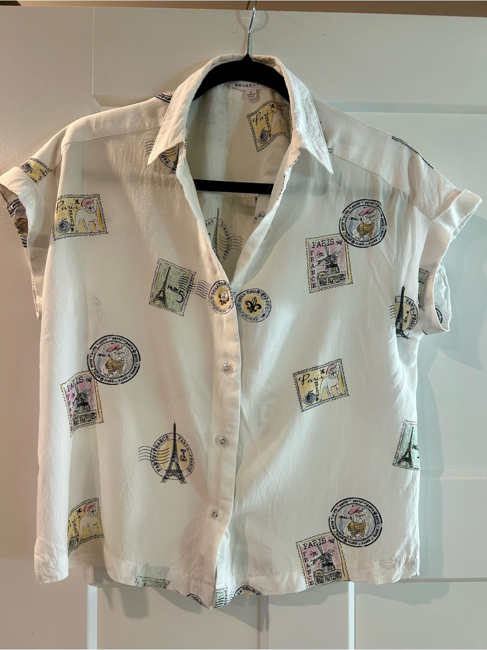 Womens White Short-Sleeve Button-Up Shirt with Paris Stamp Print